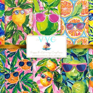 Preppy Obst tragen Sonnenbrillen Digitales Papier, 10 nahtlose Muster für Printable Scrapbook Papier - Instant Download, orange, lemon, citrus