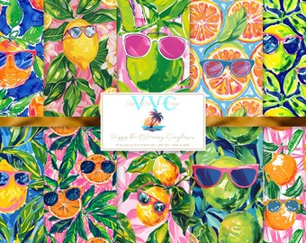 Preppy Fruit Wearing Sunglasses Digital Paper, 10 Seamless Patterns for Printable Scrapbook Paper - Instant Download, orange, lemon, citrus