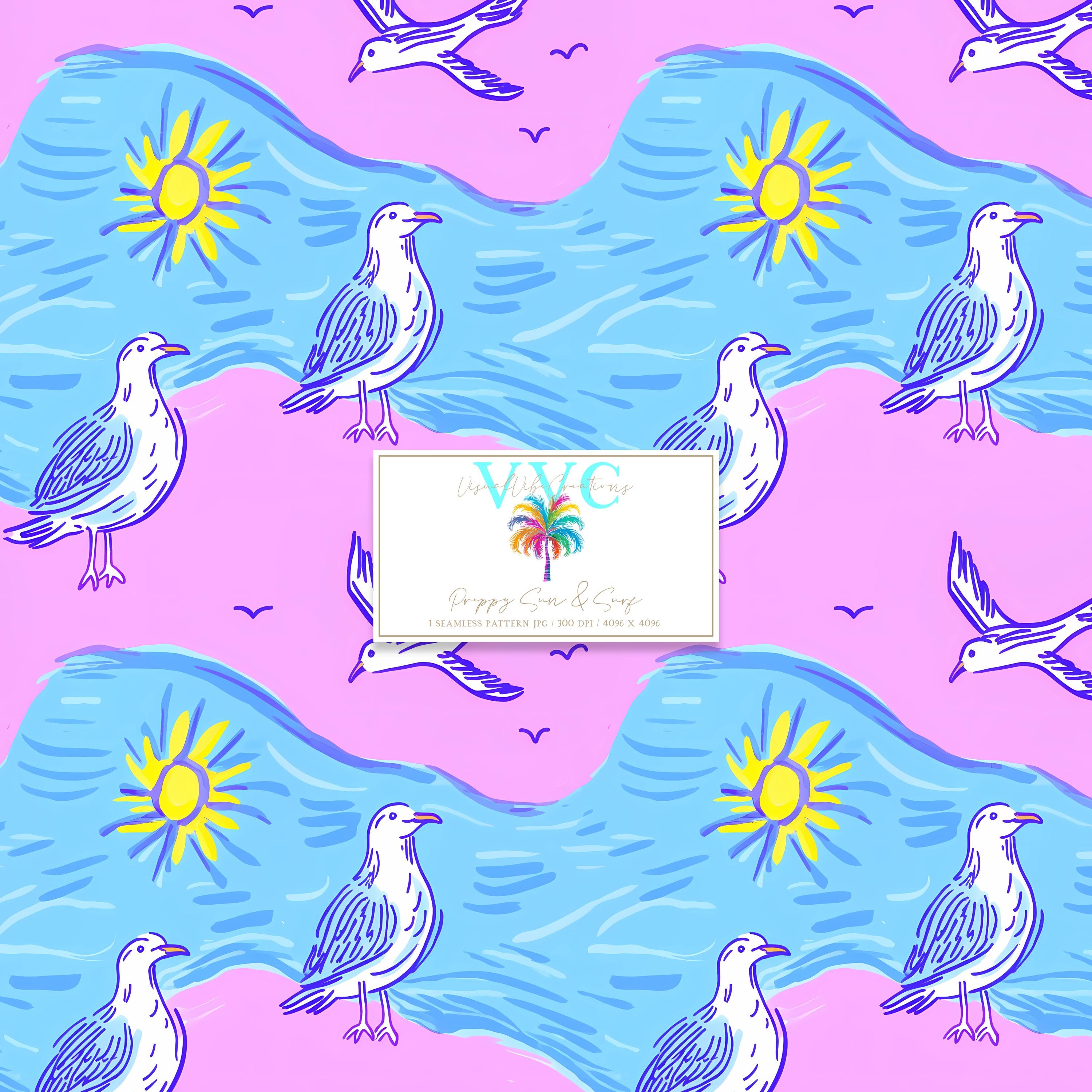 Preppy Sun and Surf, 1 Seamless Pattern With Seagulls, Ocean Waves ...