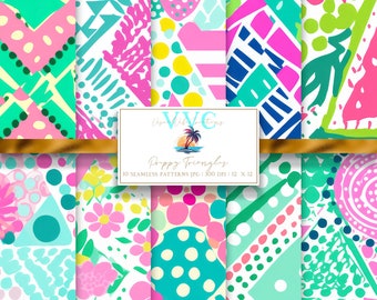 Papier numérique triangles preppy, 10 motifs de plage sans couture pour papier de scrapbooking imprimable - téléchargement immédiat, géométrique, losange, arrière-plan