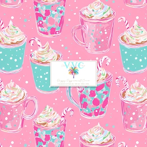 May include: A repeating pattern of pink, teal, and magenta coffee cups with whipped cream and candy canes on a pink background. The cups have a variety of patterns, including polka dots and abstract designs. The text "Happy Peppermint Cocoa" is visible.