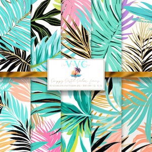 Preppy Pastel Palm Leaves Digital Paper, 10 Seamless Preppy Patterns for Printable Scrapbook Paper - Instant Download, island, beach, palms