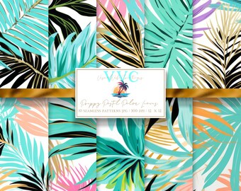 Preppy Pastel Palm Leaves Digital Paper, 10 Seamless Preppy Patterns for Printable Scrapbook Paper - Instant Download, island, beach, palms