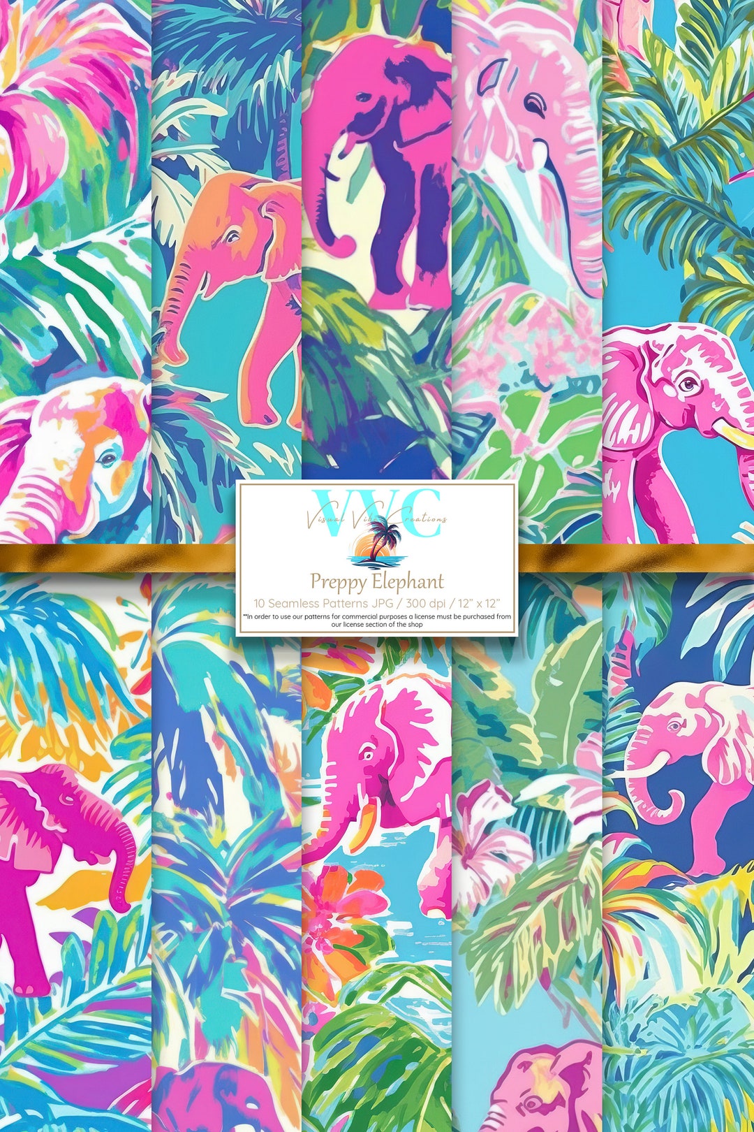Vibrant Preppy Elephant Digital Paper, 10 Seamless Floral
