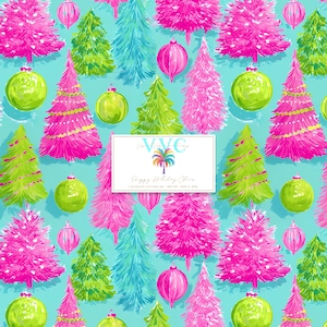 May include: A repeating pattern featuring Christmas trees and baubles in vibrant pink, green, and blue on a light blue backdrop. The design includes various tree styles and round ornaments. A rectangular label with text is in the centre.