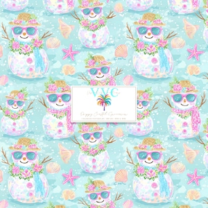 May include: A repeating pattern of snowmen wearing sunglasses, straw hats, and floral leis, set against a light blue background with seashells and starfish. The snowmen have twig arms and are adorned with pink and blue scarves.