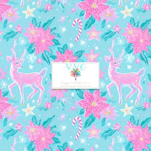 Preppy Pink Reindeer, 1 Seamless Pattern, Christmas Digital Paper, Pink Poinsettias, Candy Canes, Cute Holiday Scrapbook Background