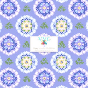 May include: A repeating pattern of stylized floral medallions in shades of blue, purple, white, and yellow on a light purple background. Green leaf accents are scattered throughout. The design includes a rectangular logo with text and a palm tree.