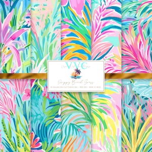 May include: A set of 10 digital seamless patterns featuring preppy beach grass designs in bright colors like pink, blue, green, and yellow. The patterns are perfect for creating unique and stylish projects.