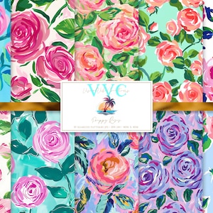 Preppy Roses Digital Paper, 10 Seamless Colorful Patterns for Printable Scrapbook Paper - Instant Download, grandmillennial, pink roses