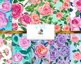 Papel digital Preppy Roses, 10 patrones coloridos sin costuras para papel de álbum de recortes imprimible - Descarga instantánea, grandmillennial, rosas rosadas