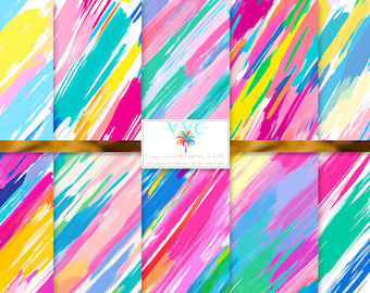 Paquete de pinceladas vibrantes de estilo preppy n.° 2, papel digital, 10 patrones sin costuras para papel de álbum de recortes imprimible, descarga instantánea, tropical, arcoíris