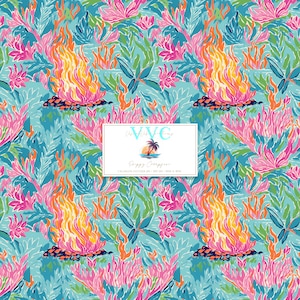 May include: A seamless pattern featuring a bright blue background with pink, orange, and yellow flames, green leaves, and pink flowers. The text "Happy Camper" is in a white box with a sunset and palm tree graphic.