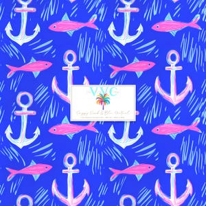 May include: A vibrant blue nautical pattern featuring white anchors with pink accents, pink fish, and light blue brushstrokes. The design includes text that reads "Poppy Peach & Blue Nautical".