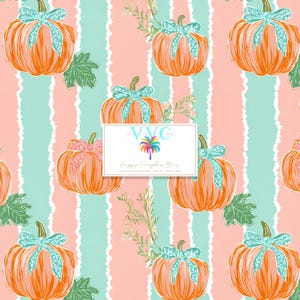 May include: A repeating pattern of orange pumpkins with teal bows and green stems, set against a backdrop of alternating pink and teal vertical stripes. The design includes green leaves and floral accents, with a white rectangular logo in the center.