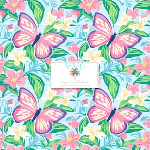 Carta digitale Preppy Pink Butterfly, 1 modello senza soluzione di continuità per scrapbooking, download immediato, farfalla rosa e blu, modello primaverile