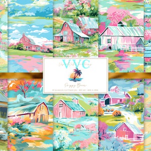 Papier numérique de grange preppy, 10 modèles sans couture pour papier de scrapbooking imprimable - téléchargement immédiat, graphique de ferme de pays, animaux de basse-cour