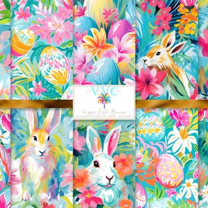 プレッピーなイースターバニーのデジタルペーパー、10種類のシームレスパターン、カラフルなウサギとイースターエッグのデジタルペーパー