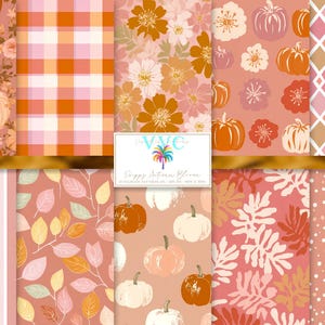May include: A collection of ten fall-themed digital papers. The patterns include pumpkins, flowers, plaid, stripes, leaves, and dots in shades of orange, pink, and cream. The papers are suitable for various craft projects.