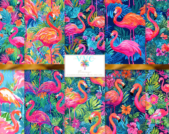 Flamingo Digital Paper, 10 Seamless Preppy Colorful Floral Patterns for Printable Scrapbook Paper - Instant Download, vibrant