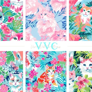 Gatos elegantes, 10 padrões perfeitos, selva tropical pastel com gatinhos e flores fofos, papel digital de gato excêntrico para amantes de animais de estimação imagem 5