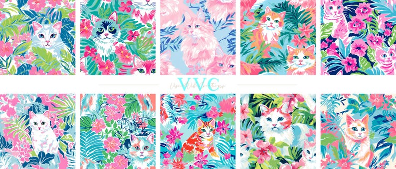 Gatos elegantes, 10 padrões perfeitos, selva tropical pastel com gatinhos e flores fofos, papel digital de gato excêntrico para amantes de animais de estimação imagem 5