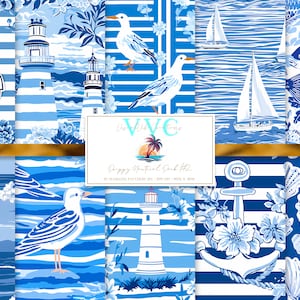Pack nautique preppy #2 papier numérique, 10 modèles sans couture pour papier de scrapbooking imprimable - téléchargement immédiat, bateau, ancre, poisson, plage