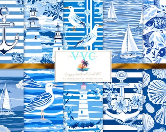 Preppy Nautical Pack #2 Digital Paper, 10 Seamless Patterns for Printable Scrapbook Paper - Instant Download, boat, anchor, fish, beach