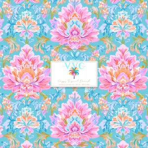 May include: A vibrant, repeating pattern featuring large, stylized floral elements in shades of pink, orange, and blue against a turquoise background. The design includes a central rectangular label with text and a palm tree illustration. The overall theme is tropical and floral.