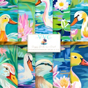 Papel digital Preppy Ducks in a Pond, 10 padrões perfeitos para papel de scrapbook para impressão - download instantâneo, flor, nenúfar, primavera