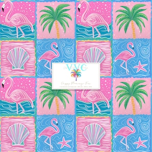 Puede incluir: Un patrón sin costuras con flamencos rosas, palmeras, conchas marinas y estrellas de mar sobre un fondo rosa y azul. El patrón se titula "Happy Flamingo Fun".