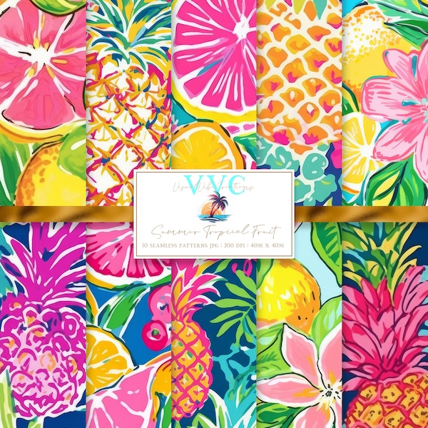 Summer Tropical Fruit Digital Paper, 10 Seamless Preppy Patterns for Printable Scrapbook Paper - Instant Download, island