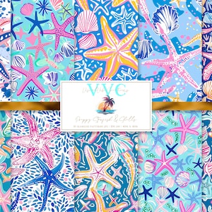 Papel digital Preppy Starfish & Shells, 10 patrones sin costuras para papel de álbum de recortes imprimible, descarga instantánea, concha, vida marina, patrón de playa