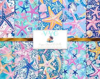 Preppy Starfish & Shells Digital Paper, 10 Seamless Patterns for Printable Scrapbook Paper, Instant Download, shell, sea life, beach pattern