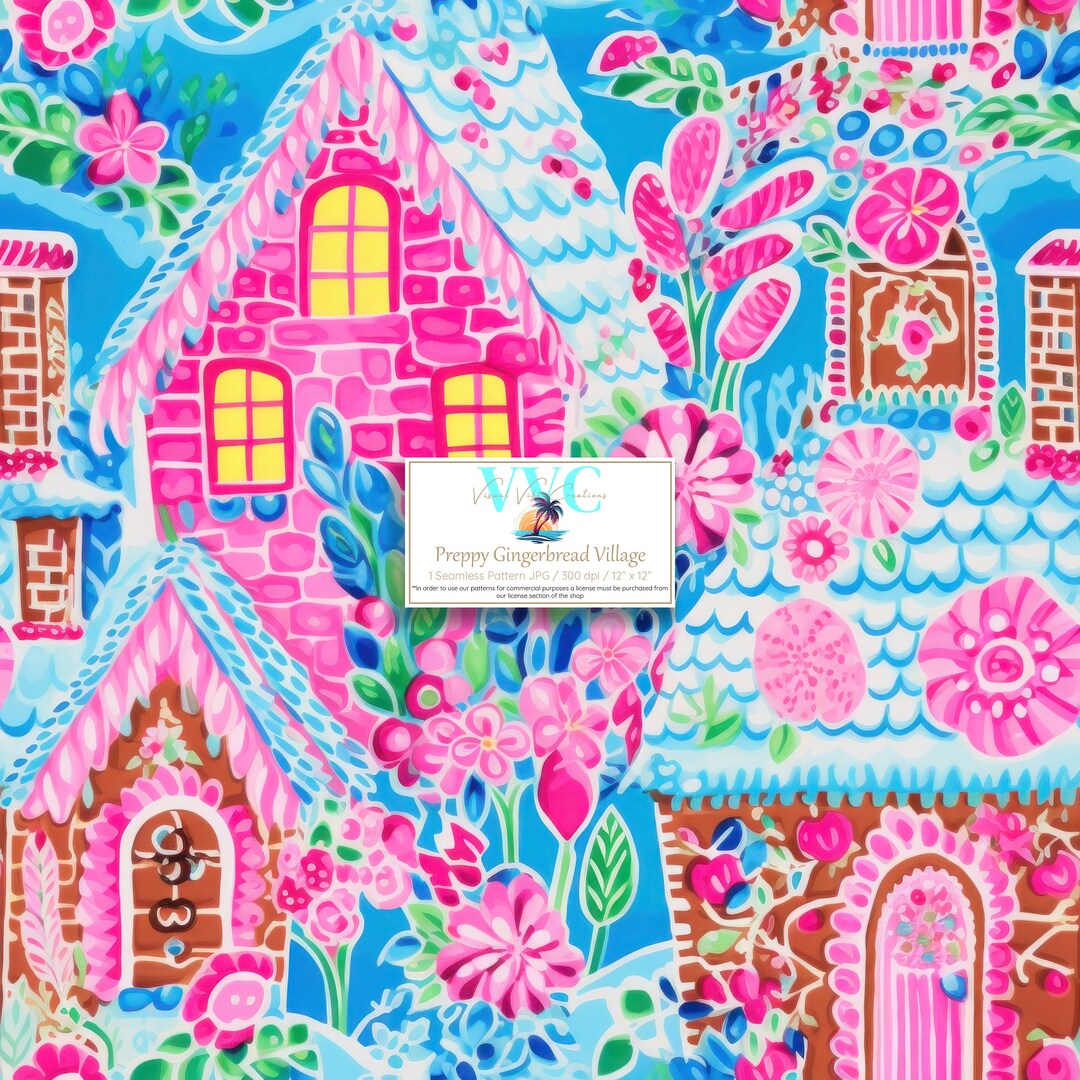 Preppy Gingerbread Village Digital Paper, 1 Seamless Pattern for Printable Scrapbook Instant ...