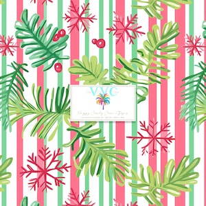 May include: A seamless pattern featuring red and green snowflakes, green leaves, and red berries on a white background with alternating pink and green stripes. The text "Happy Candy Cane Stripes" is in a white box with a blue border.