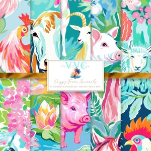 Preppy Farm Animals Digital Paper, 10 Seamless Patterns for Printable Scrapbook Paper - Instant Download, baby, kids, summer