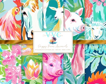 Preppy Farm Animals Digital Paper, 10 Seamless Patterns for Printable Scrapbook Paper - Instant Download, baby, kids, summer