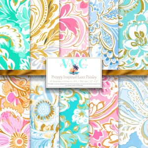 Papel digital Luxe Paisley inspirado en Preppy, 10 patrones sin costuras para papel de álbum de recortes imprimible - Descarga instantánea, lujo