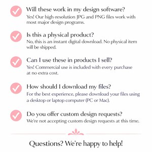 May include: A Frequently Asked Questions informational graphic with gold script text at the top. It features five pink circular checkmark icons next to questions about digital file usage, downloads, and commercial rights, ending with a palm tree logo.