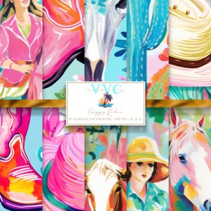 Preppy rodeo digitaal papier, 10 naadloze patronen voor afdrukbaar plakboekpapier - direct downloaden, cowgirl, cowboylaarzen, cowboyhoed, boerderij