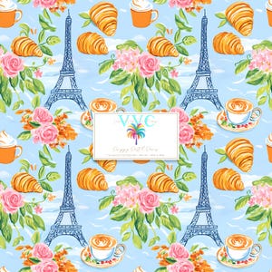 Modèle sans couture Paris preppy pastel - croissants, café, fleurs et tour Eiffel - 1 papier numérique French Chic vibrant, modèle brunch