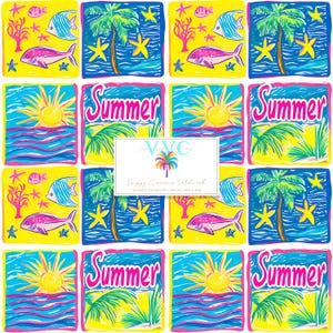 May include: A colorful summer-themed pattern with a repeating design of palm trees, fish, stars, and the word "Summer" in pink letters. The background is white with yellow, blue, and pink squares.