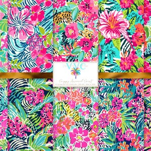 Preppy Animal Print, Bold Floral Jungle Animal Prints in Pink, Teal, Coral, Leopard Tropical Set, 10 Digital Seamless Pattern Pack