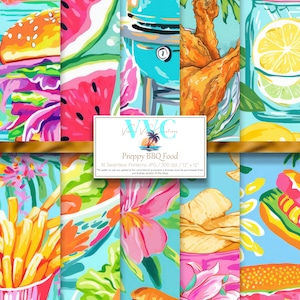 Preppy BBQ Essen Digital Papier, 10 nahtlose Muster für Printable Scrapbook Papier - Instant Download, Party Muster, Hot Dog Muster