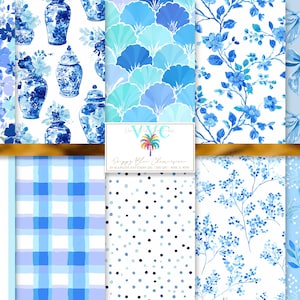 May include: A collection of blue and white patterned digital papers. Designs include floral, chinoiserie vases, fan shapes, bows, stripes, gingham, and polka dots. The image includes a logo with the text "Happy New Dimensions".