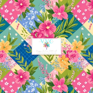 May include: A digital fabric pattern featuring a patchwork of diagonal squares in pink, blue, teal, and yellow, decorated with white floral prints and large, vibrant pink and yellow flower bouquets. A central white label displays VVC text.