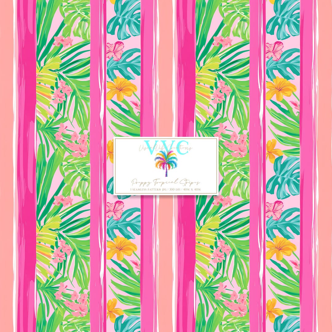Preppy Tropical Stripes Digital Paper, 1 Seamless Pattern for Printable ...