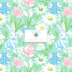 May include: A seamless pattern featuring white bunnies, pastel-coloured eggs, and white daisies on a light green background. The text "Happy Whimsical Easter" is included in the design.