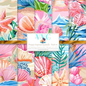 Preppy Inspired Seashells - Pack #2 Digital Paper, 10 Seamless Patterns for Printable Scrapbook Paper - Instant Download, shell, conch